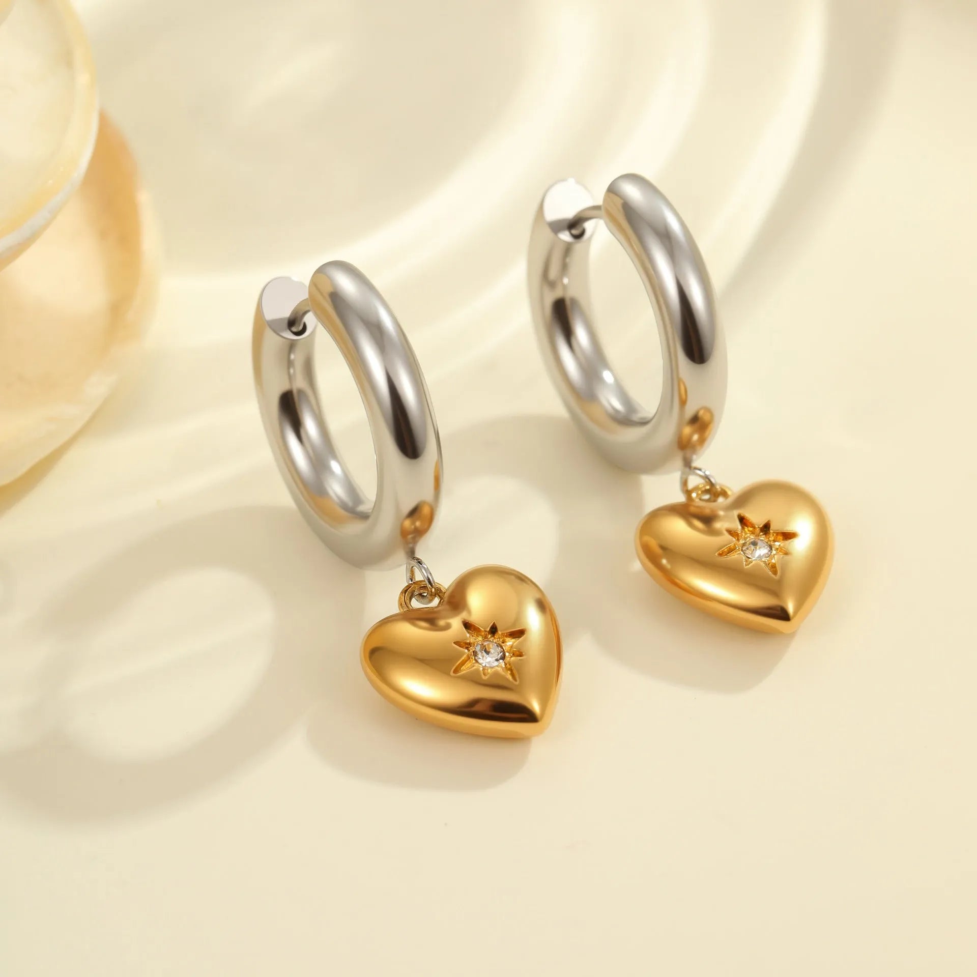 Christmas tree earrings with heart and star designs in 18K stainless steel electroplated jewellery