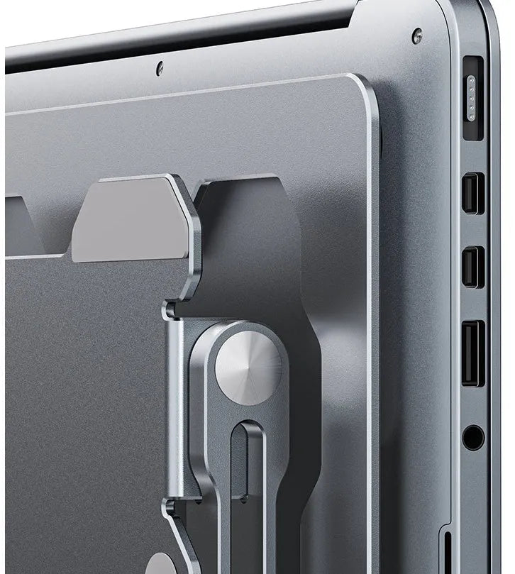 Grey aluminium adjustable laptop stand with folding design for portable use