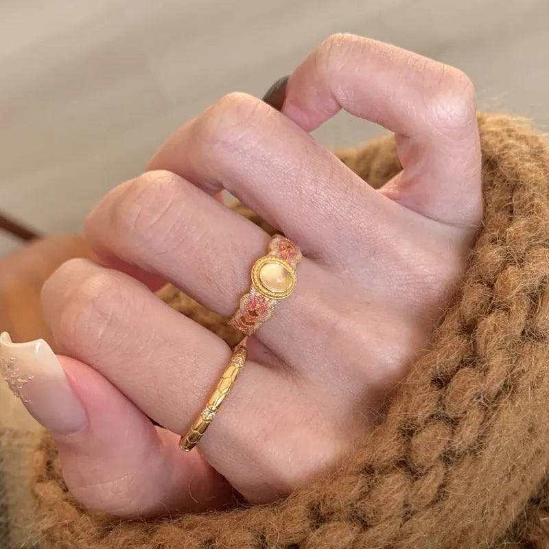 Women's copper opening ring with pink crystal enamel geometric design gold plated jewellery