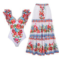 Women's one-piece swimsuit with matching skirt set in polyester fabric available in multiple colours