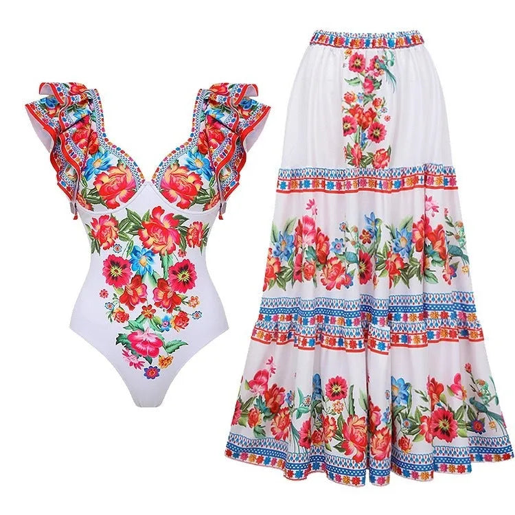 Women's one-piece swimsuit with matching skirt set in polyester fabric available in multiple colours