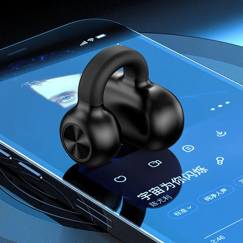 Black wireless Bluetooth headset with clip-on design and bone conduction technology