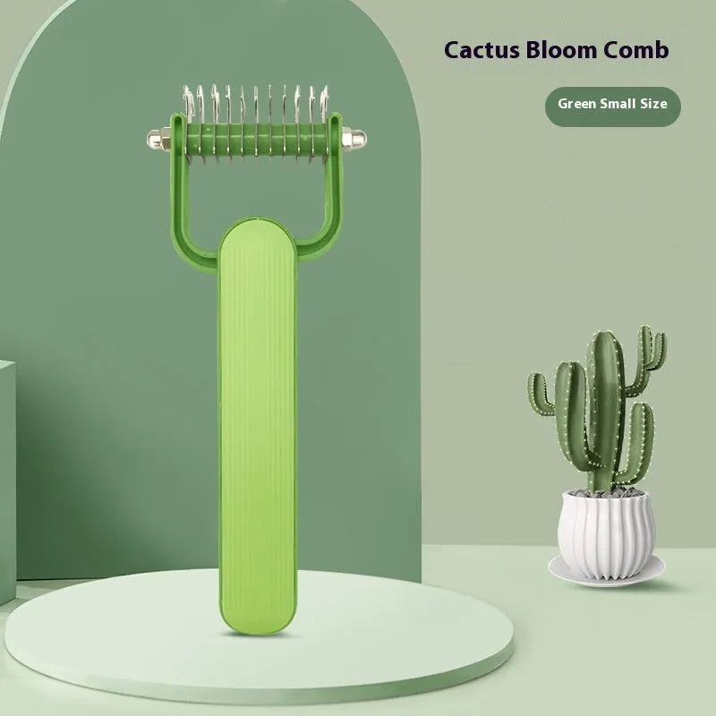 Green and grey pet grooming comb with stainless steel blades for de-tangling dog fur in small and large sizes