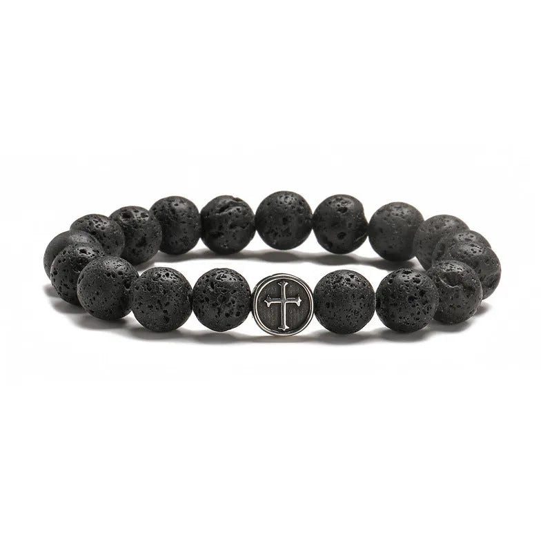 Geometric volcanic rock agate bracelet with stainless steel finish, showing 10mm beads.