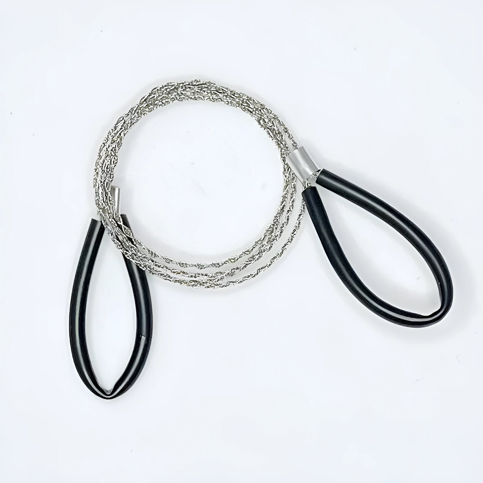 Survival wire saw with leather hand case showing steel wire construction and compact design