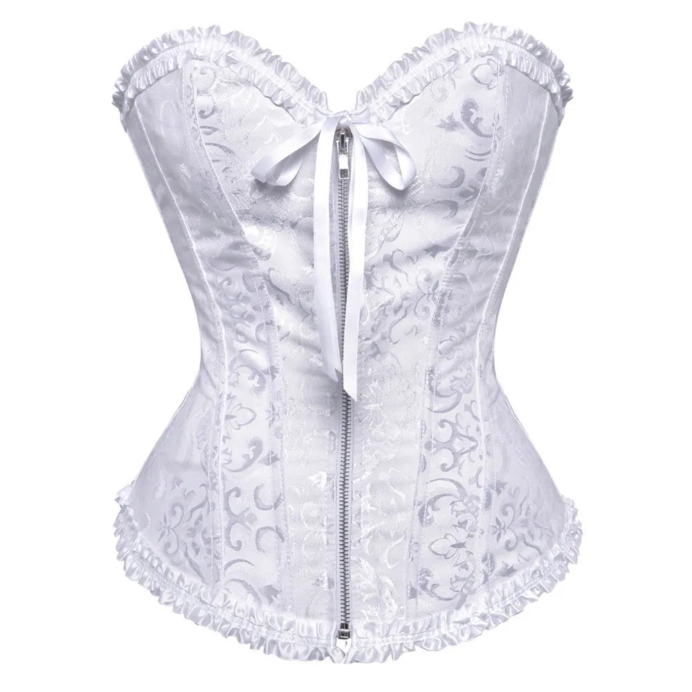 Women's front zip jacquard corset in spandex fabric for waist support and shaping