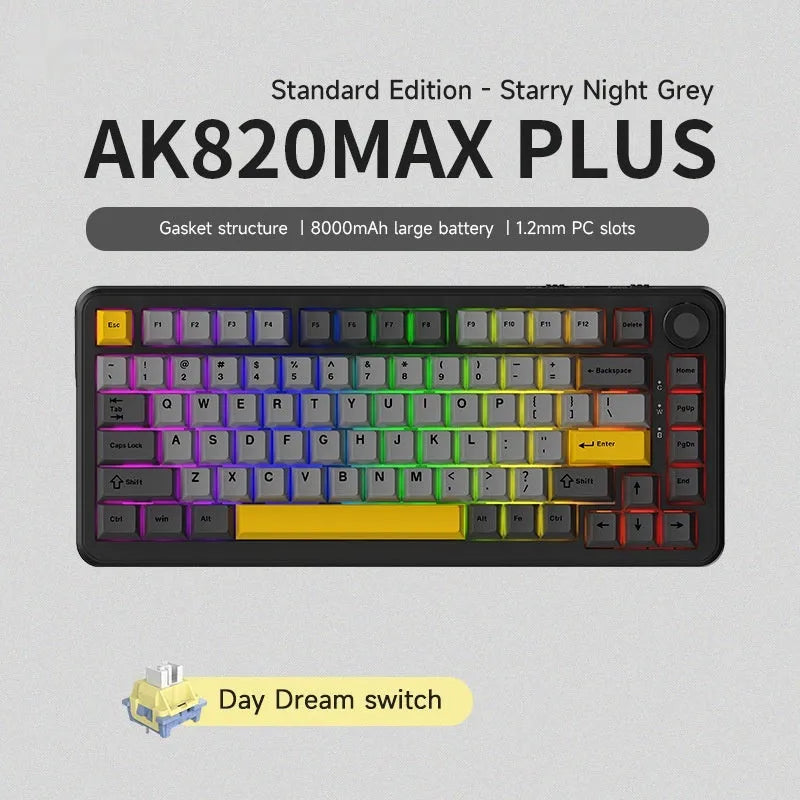 Three-mode mechanical keyboard in black grey and yellow with wireless connectivity and hot-swap design
