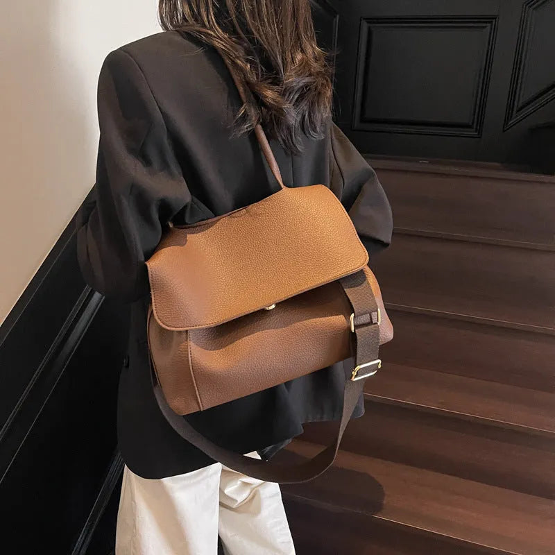 Square PU leather tote bag with double shoulder straps in vintage casual style