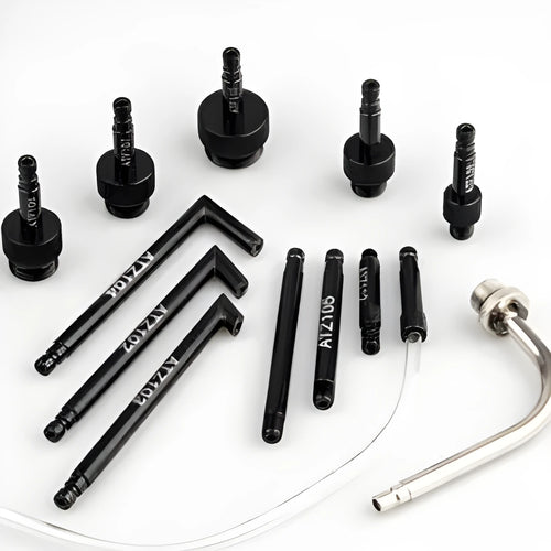 Automatic transmission oil refuelling kit showing transmission injector tool and set of funnels