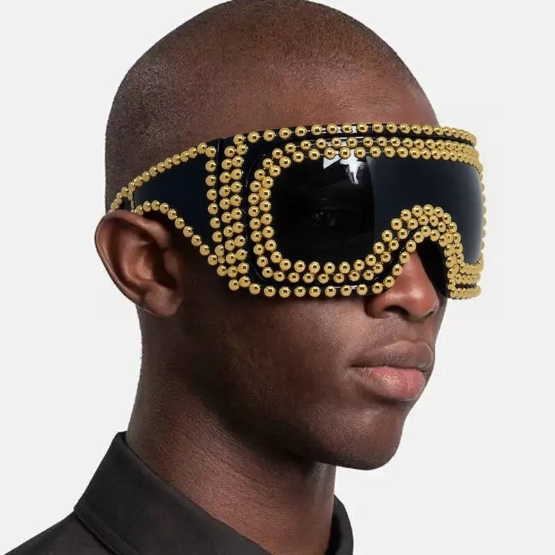 Men's punk style sunglasses with super large square rim and rivet details in gold colour