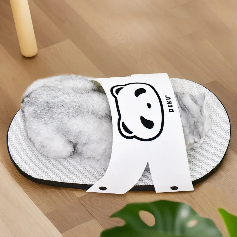 White corrugated paper cat scratch board with slipper-style shape for floor or wall use