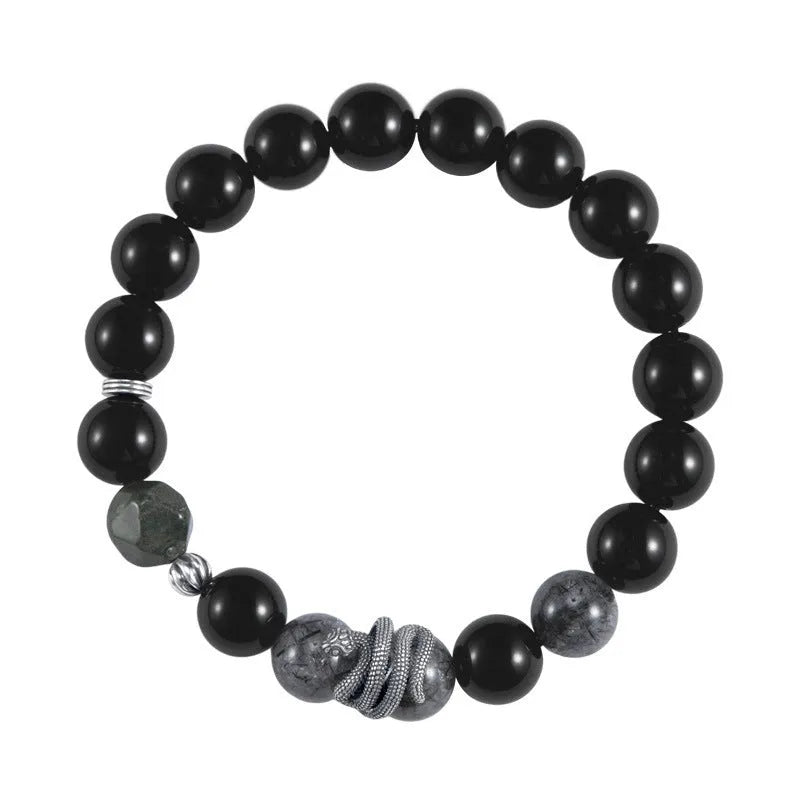 Men's S925 sterling silver snake year bracelet with 10mm black obsidian crystal and retro zodiac design