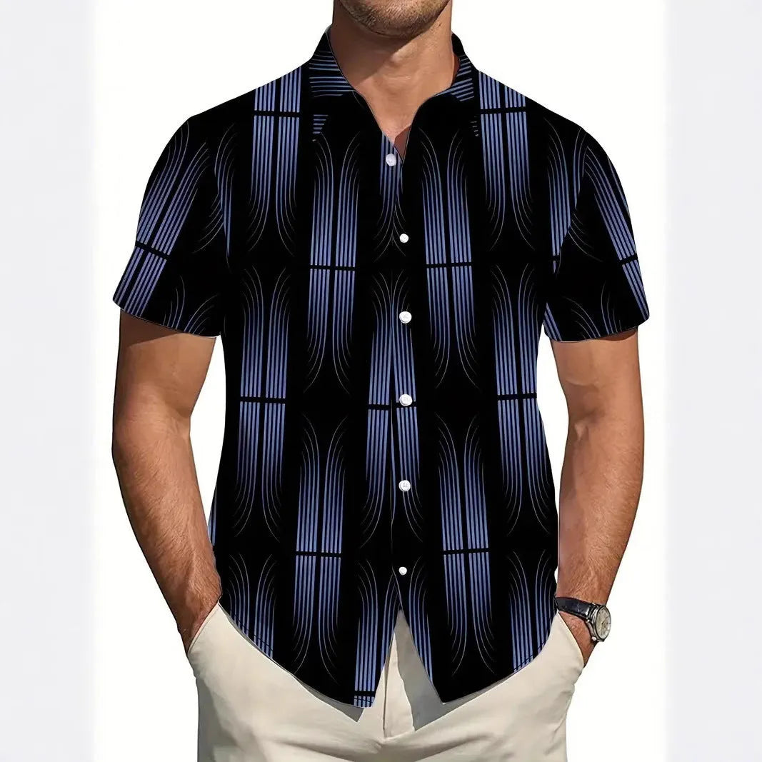 Men's slim fit geometric line print lapel short sleeve shirt in a colour from the available range.