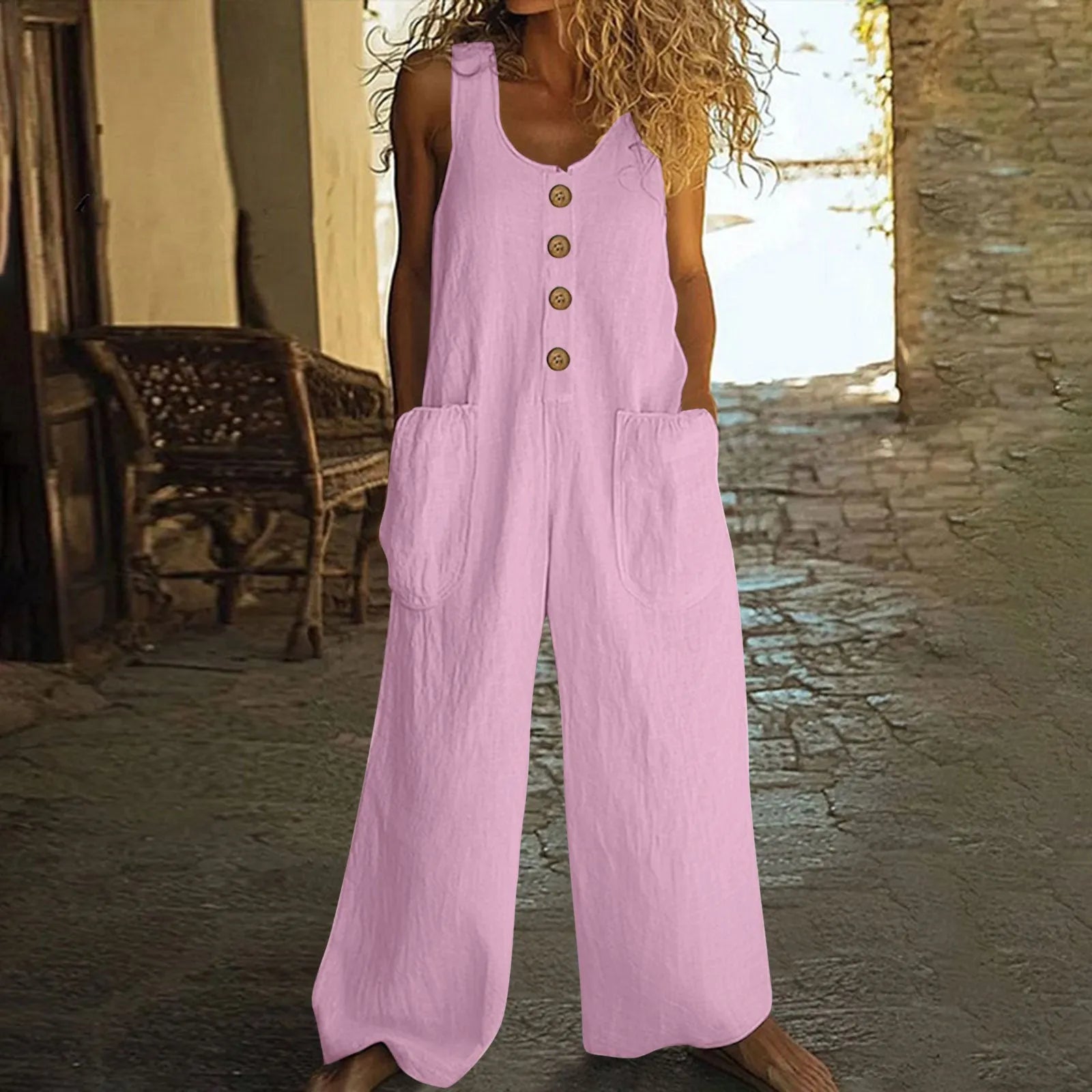 Sleeveless cotton jumpsuit with wide leg trousers in art retro styling with pocket details