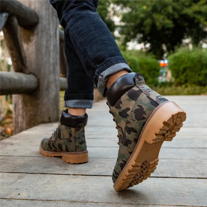 Pink men's high-top Martin boots with velvet lining, round toe, and front lace-up closure.