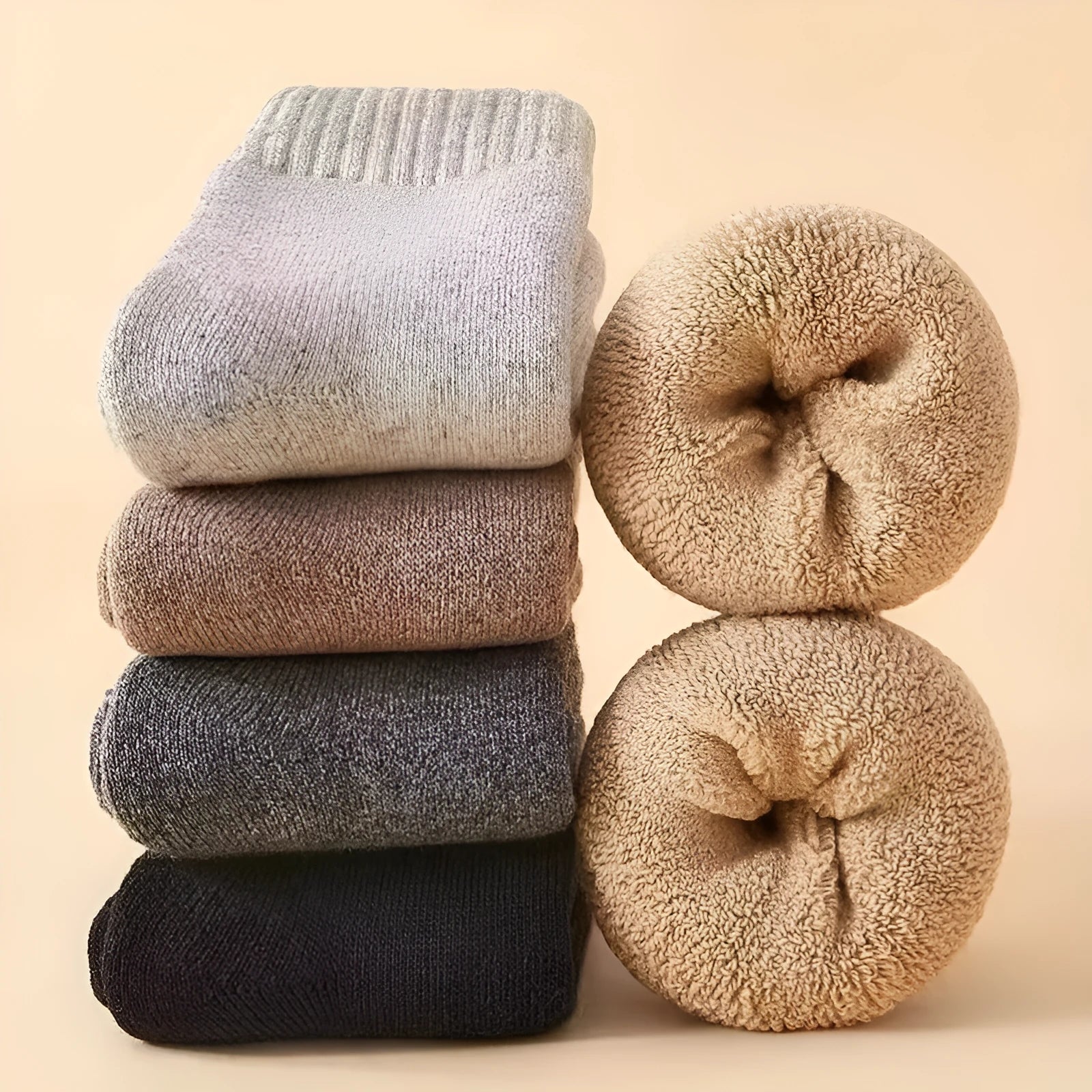 Cold resistant cashmere cotton wool socks with merino midsole in black, dark grey, light grey and khaki colours