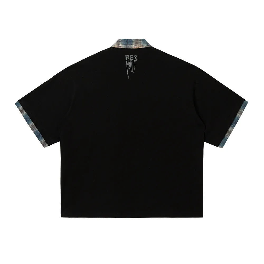 Men's loose blue cotton top with graffiti print and asymmetric streetwear design
