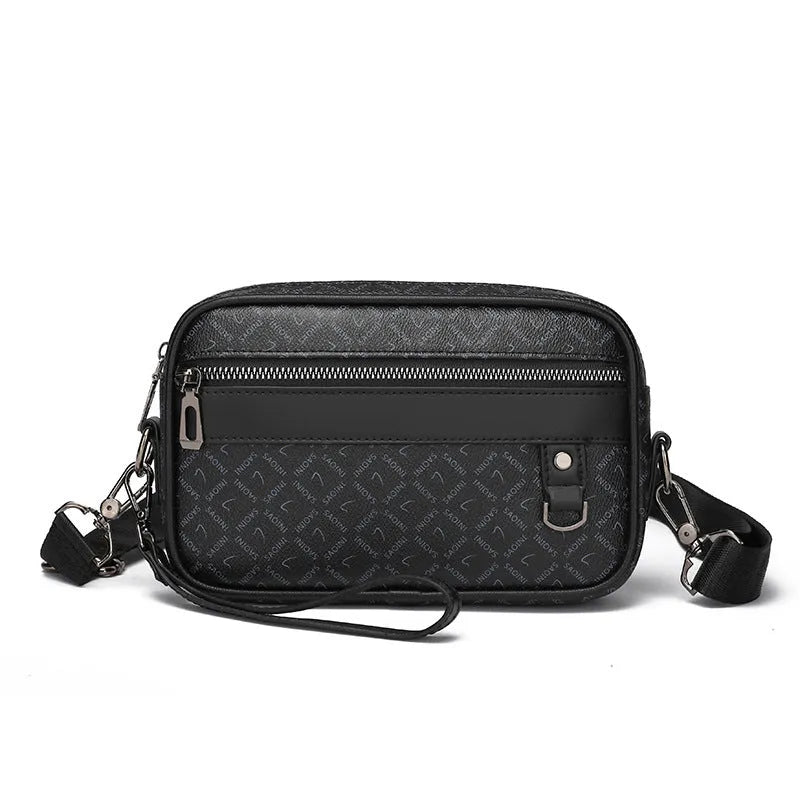 Men's geometric pattern PU messenger bag shown in a horizontal carry position.