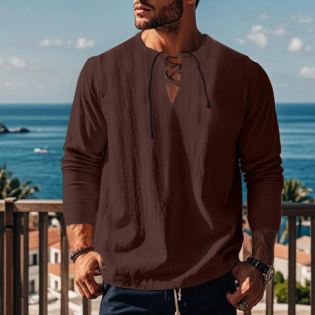 Men's solid colour cotton linen blend beach shirt in loose pullover style shown in army green
