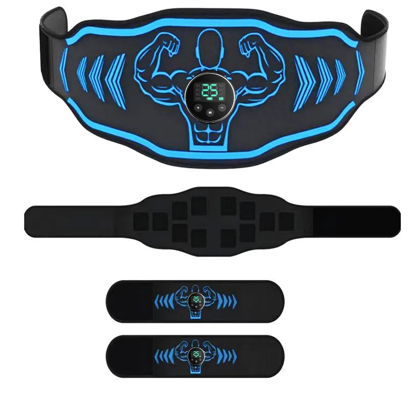 Smart EMS massage belt with rechargeable host unit and arm electrodes in orange and blue colour options