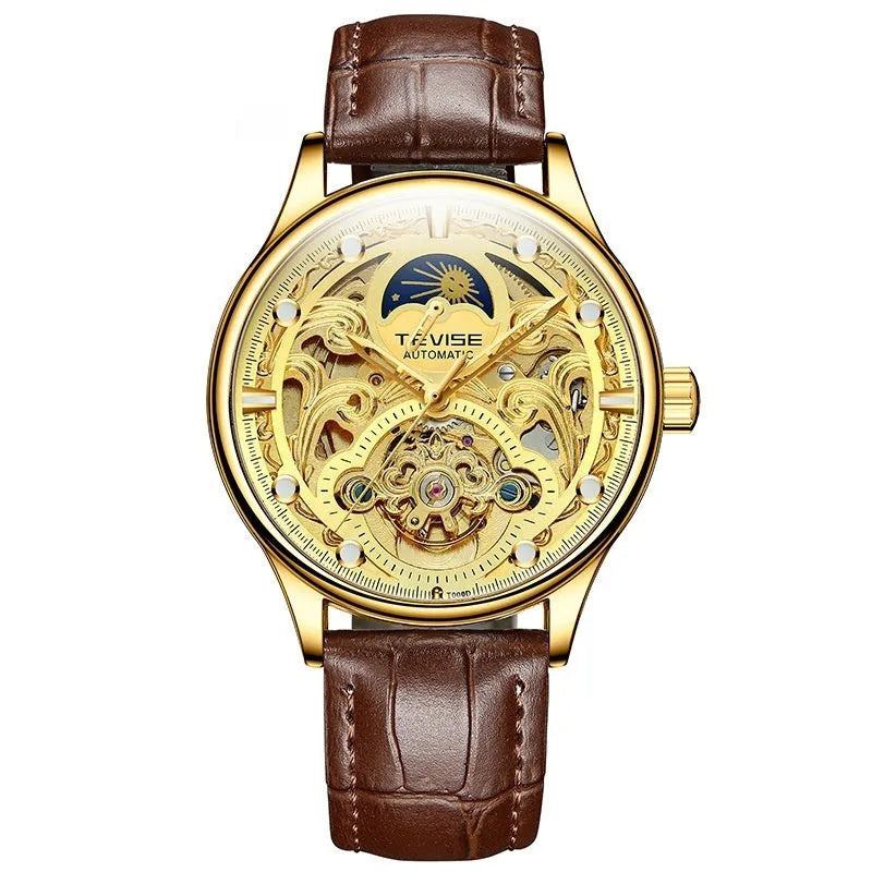 Men's gold leather strap automatic mechanical watch showing 16mm thickness and business design