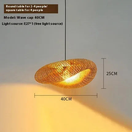 Bamboo straw hat-shaped hanging pendant light with natural rattan weave in 40cm or 50cm diameter options