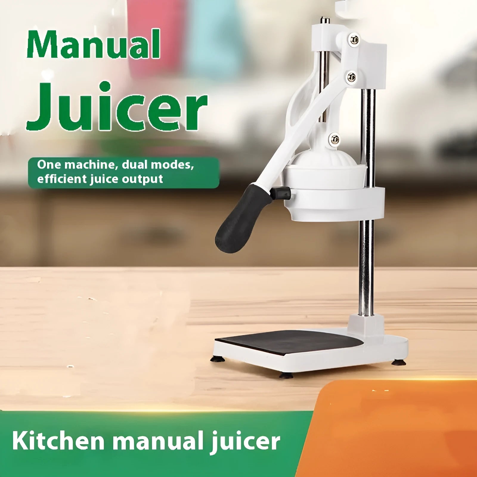Manual stainless steel and nylon orange juicer with 480cm size on a kitchen counter.