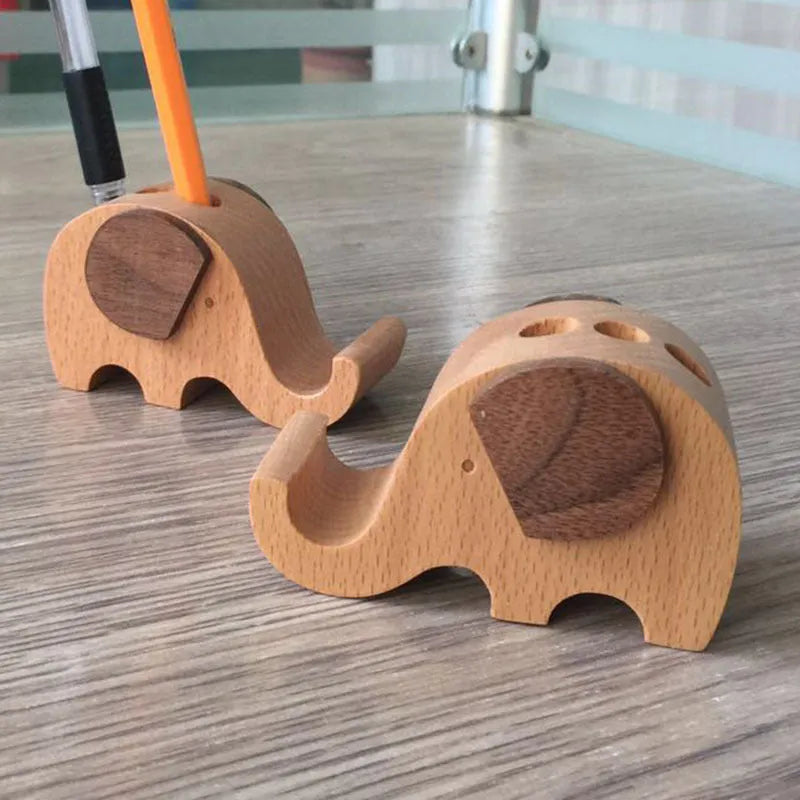 Resin mobile phone holder with beech wood animal design and coin storage compartment