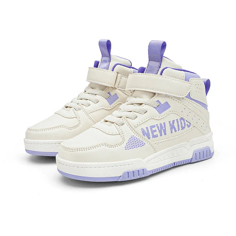 Children's street sneakers with letter pattern PU upper and rubber sole showing buckle closure