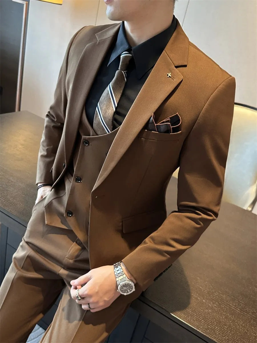 Men's slim fit business suit in a dark green viscose-blend fabric on a hanger.