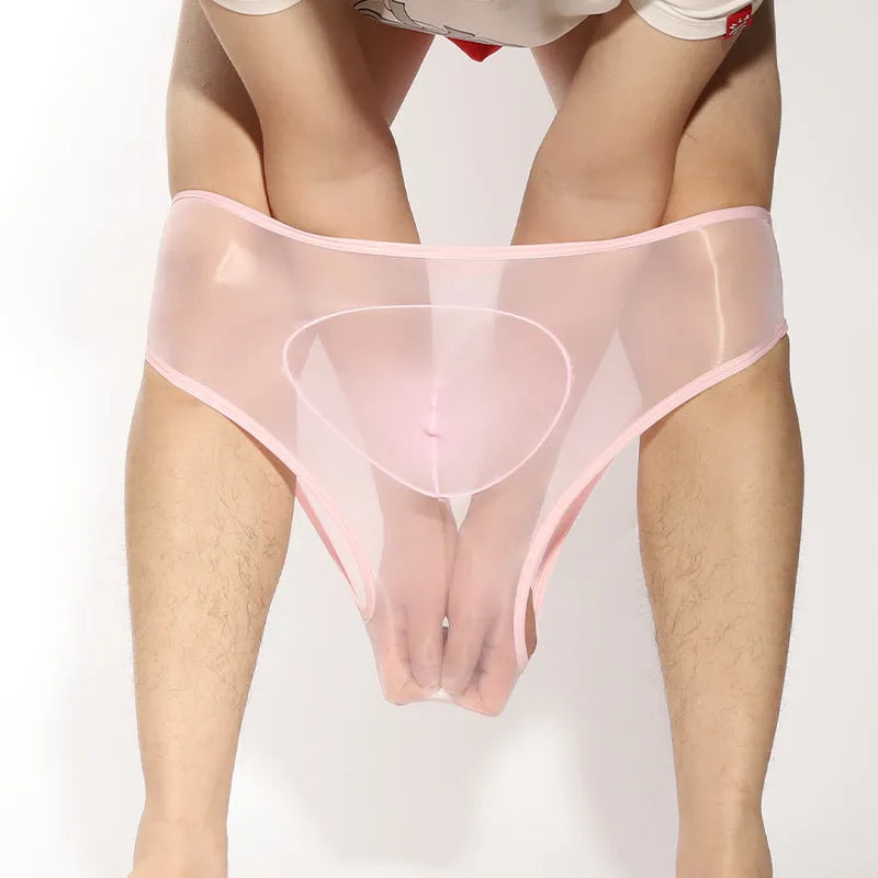 Men's silky nylon briefs with bullet separation in black, shown on a mannequin.