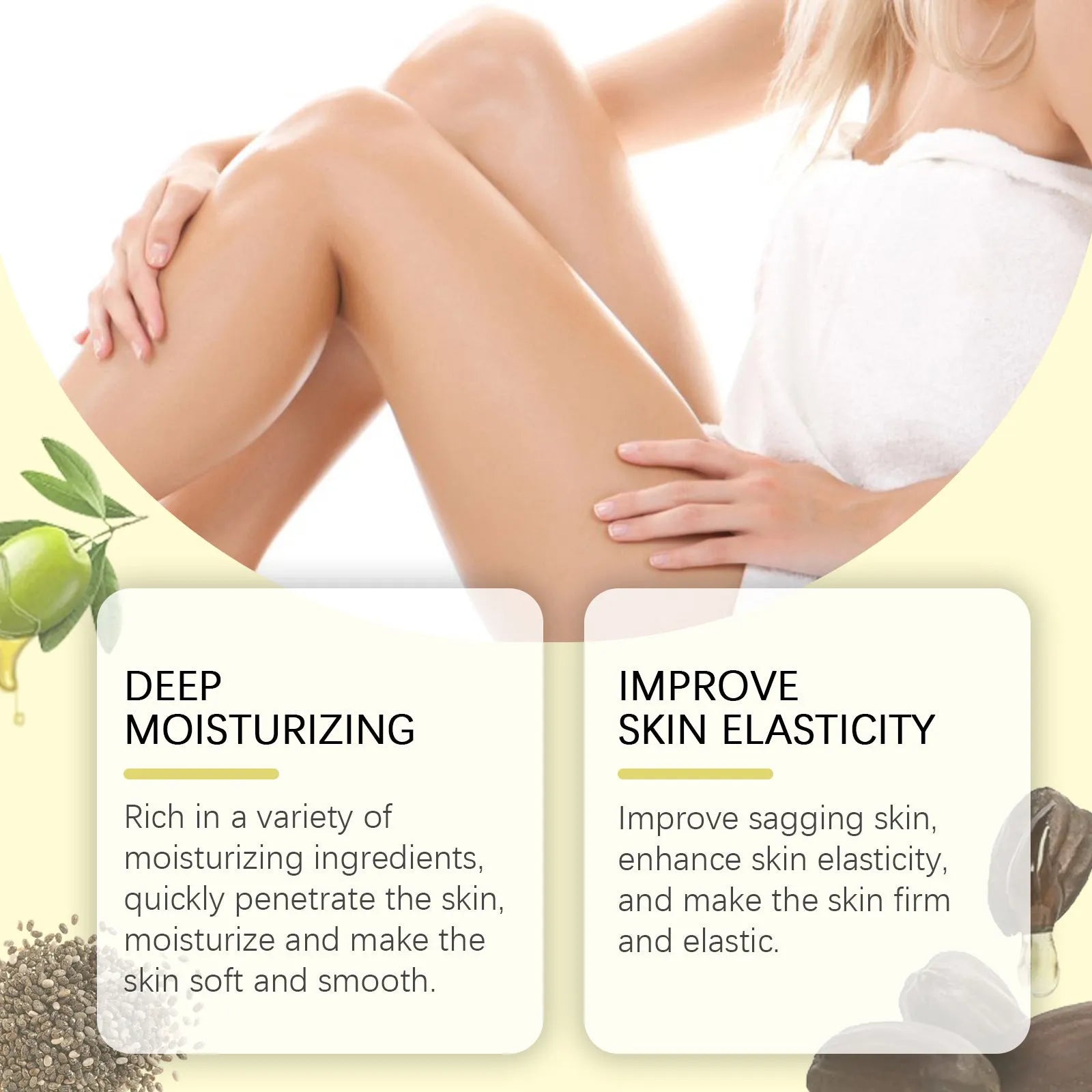 Nourishing and firming skin care set with massage oil and moisturising cream bottles