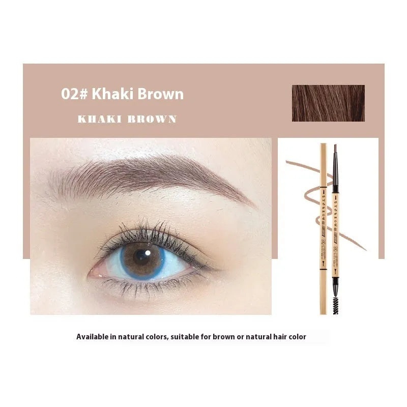 Gold chopsticks design ultra-fine eyebrow pencil in a display of five shades: light brown, kaki brown, dark brown, grey black, and black.