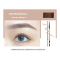 Gold chopsticks design ultra-fine eyebrow pencil in a display of five shades: light brown, kaki brown, dark brown, grey black, and black.