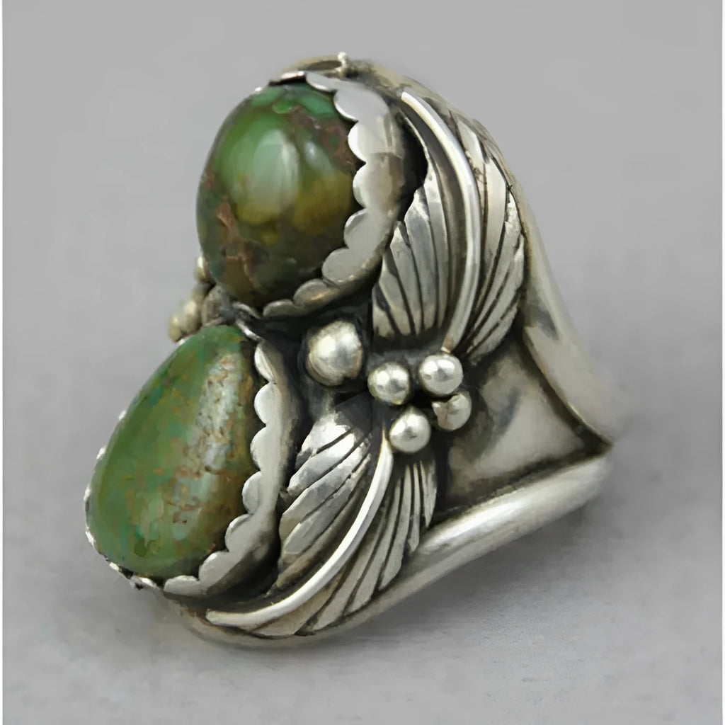 Geometric women's ring with turquoise retro inlay in electroplated alloy, showing side and top views