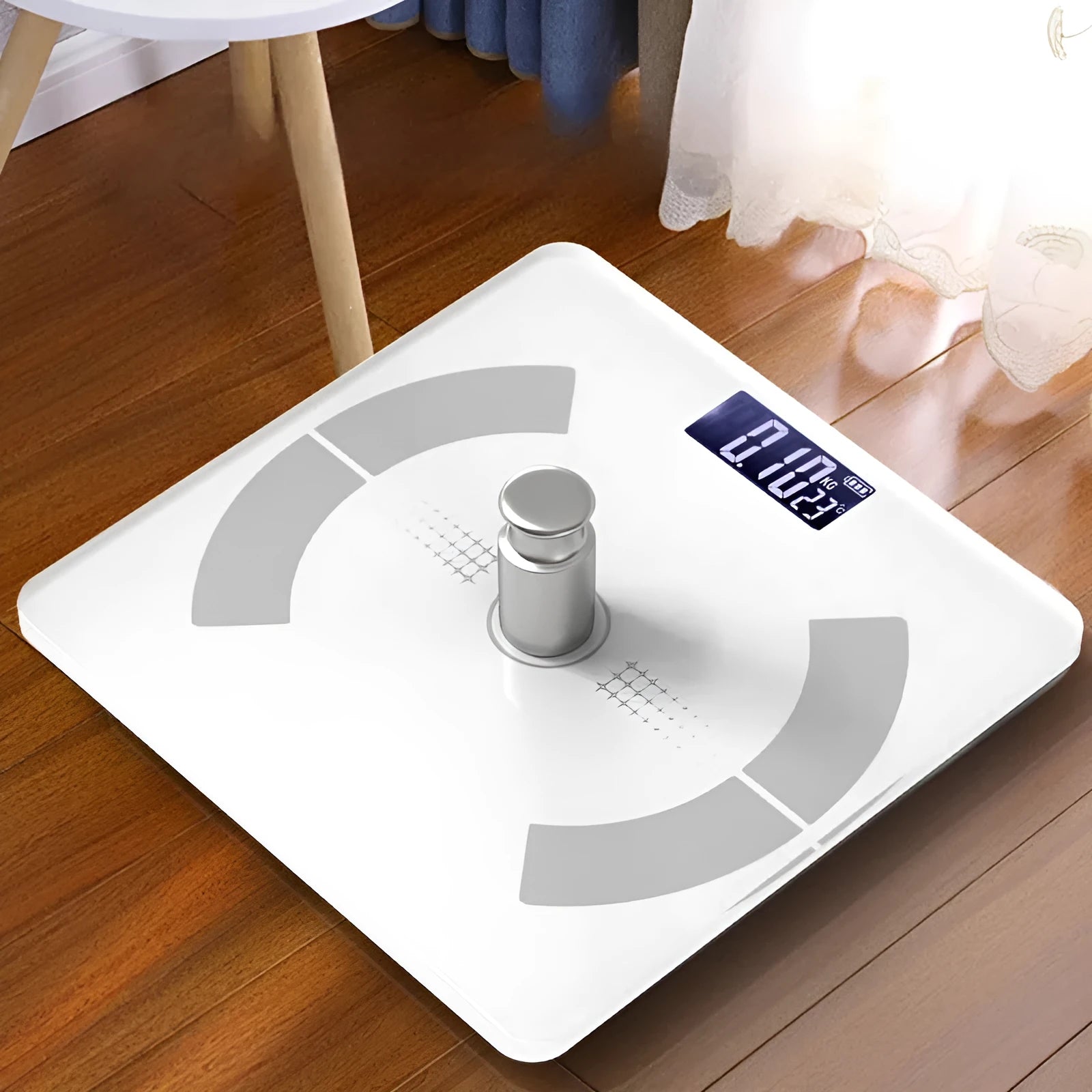 White Bluetooth body fat scale on bathroom floor showing weight, body fat, water and calorie measurements