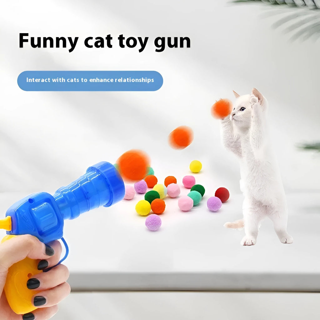 Interactive pet toy gun with plush balls for dogs and cats, showing launcher with 30cm barrel and multiple soft balls