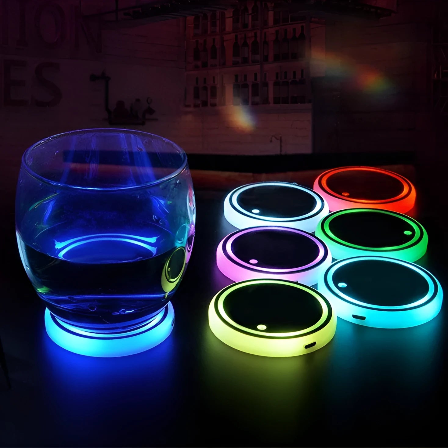 Colourful LED light-up coaster for car cup holder with 7 lighting modes and USB charging cable