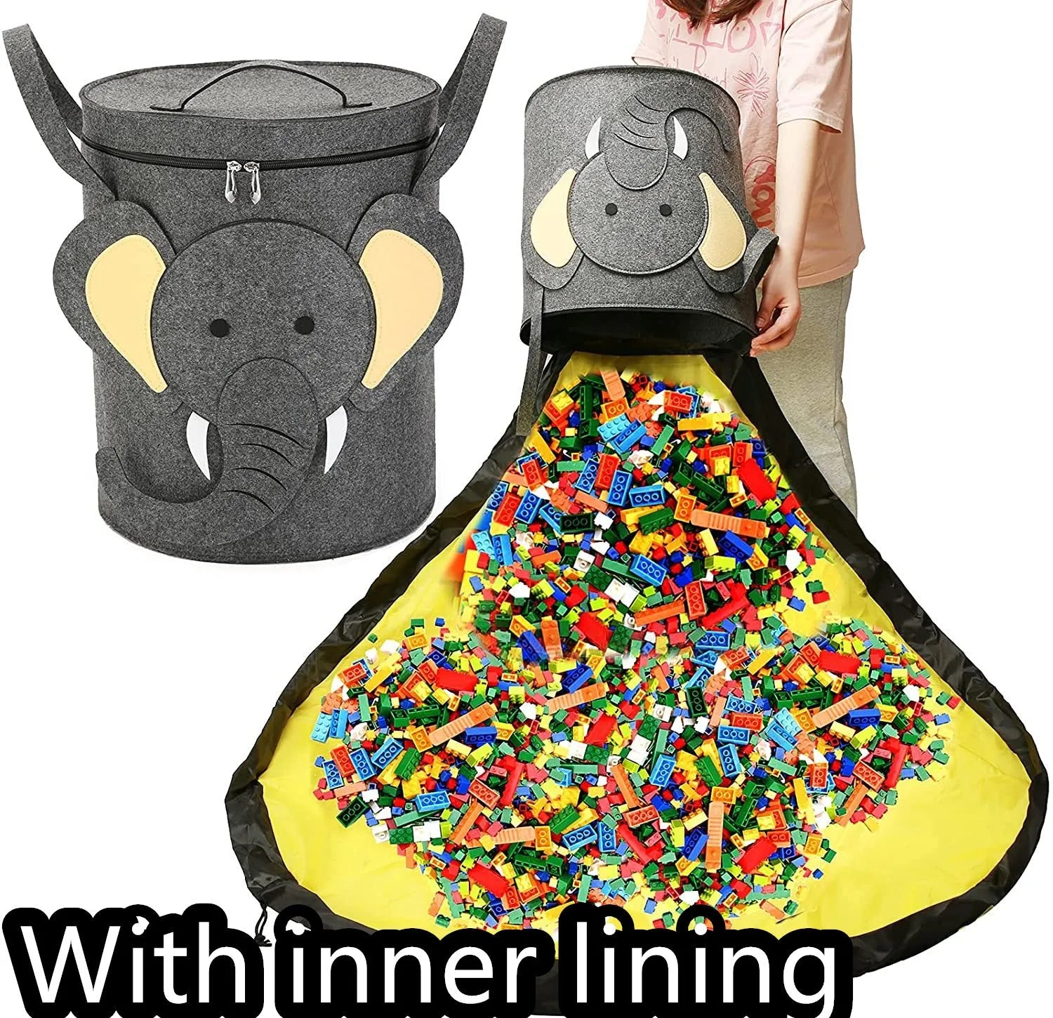 Green felt cube storage bag with pull rope shown as both toy container and play mat