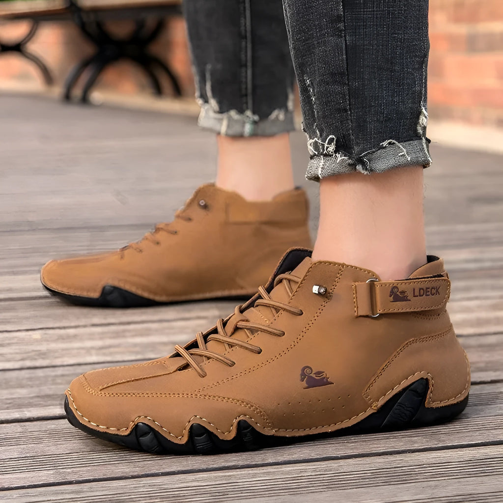 Men's khaki high-top octopus shoes with rubber sole and microfiber upper.