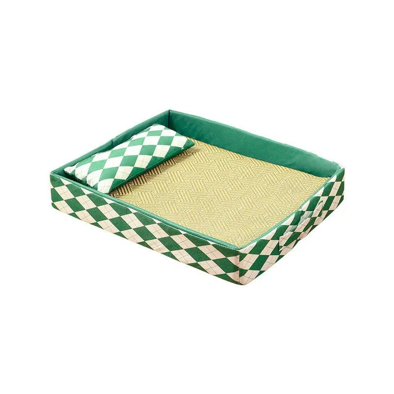 Blue rattan cat bed mat in size L (70x50cm) for a sleeping cat