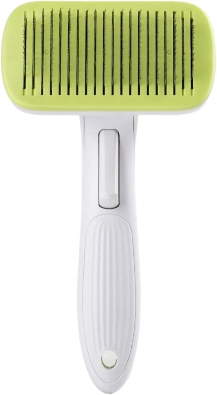 Automatic pet hair removal comb in blue, showing compact design and needle comb.