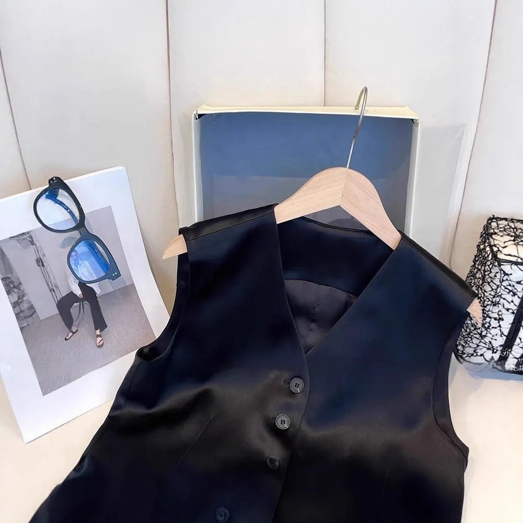 Black satin sleeveless vest with loose fit and splicing detail elements