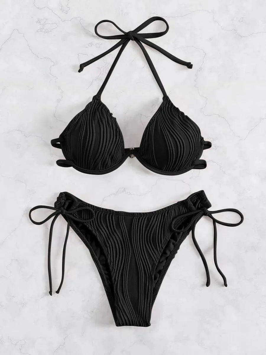Women's steel bracket underwire split bikini swimsuit in various colours.