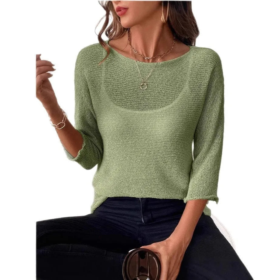 Women's off-shoulder knitted pullover top with 3/4 sleeves in thin polyester fabric