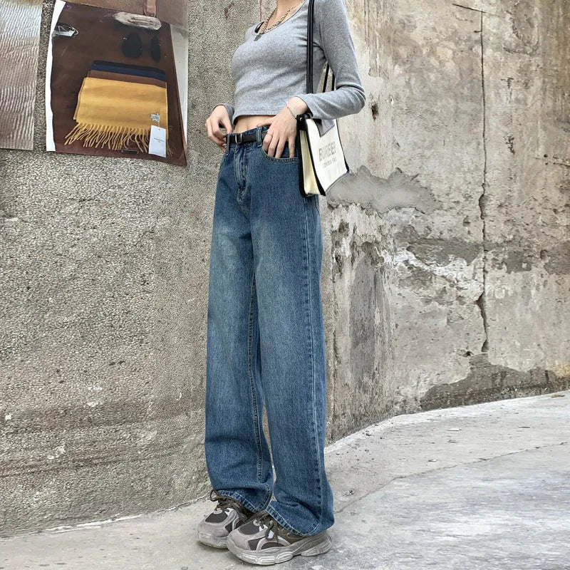 Women's retro blue straight leg jeans with high waist and non-stretch cotton denim fabric in three length variations