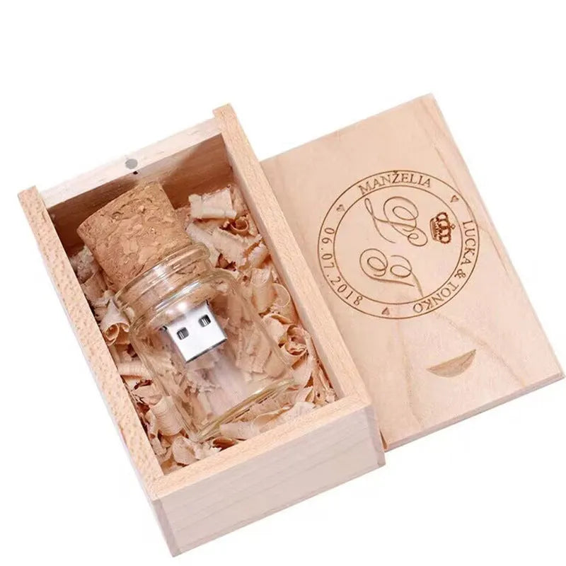 Wooden wish drift bottle USB flash drive 60mm by 28mm with transparent colour options