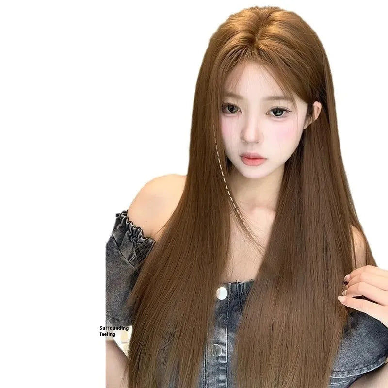 Centre-parted lace front wig with forehead lace and long straight hair in warm brown