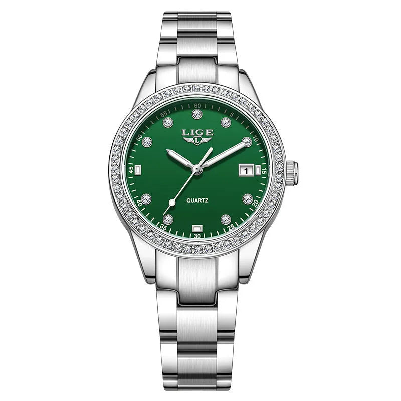 Silver stainless steel women's quartz watch with diamond markers and round dial