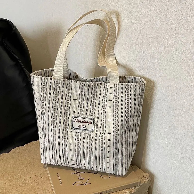 Japanese style corduroy women's shoulder bag in dark brown, grey and ivory white colours